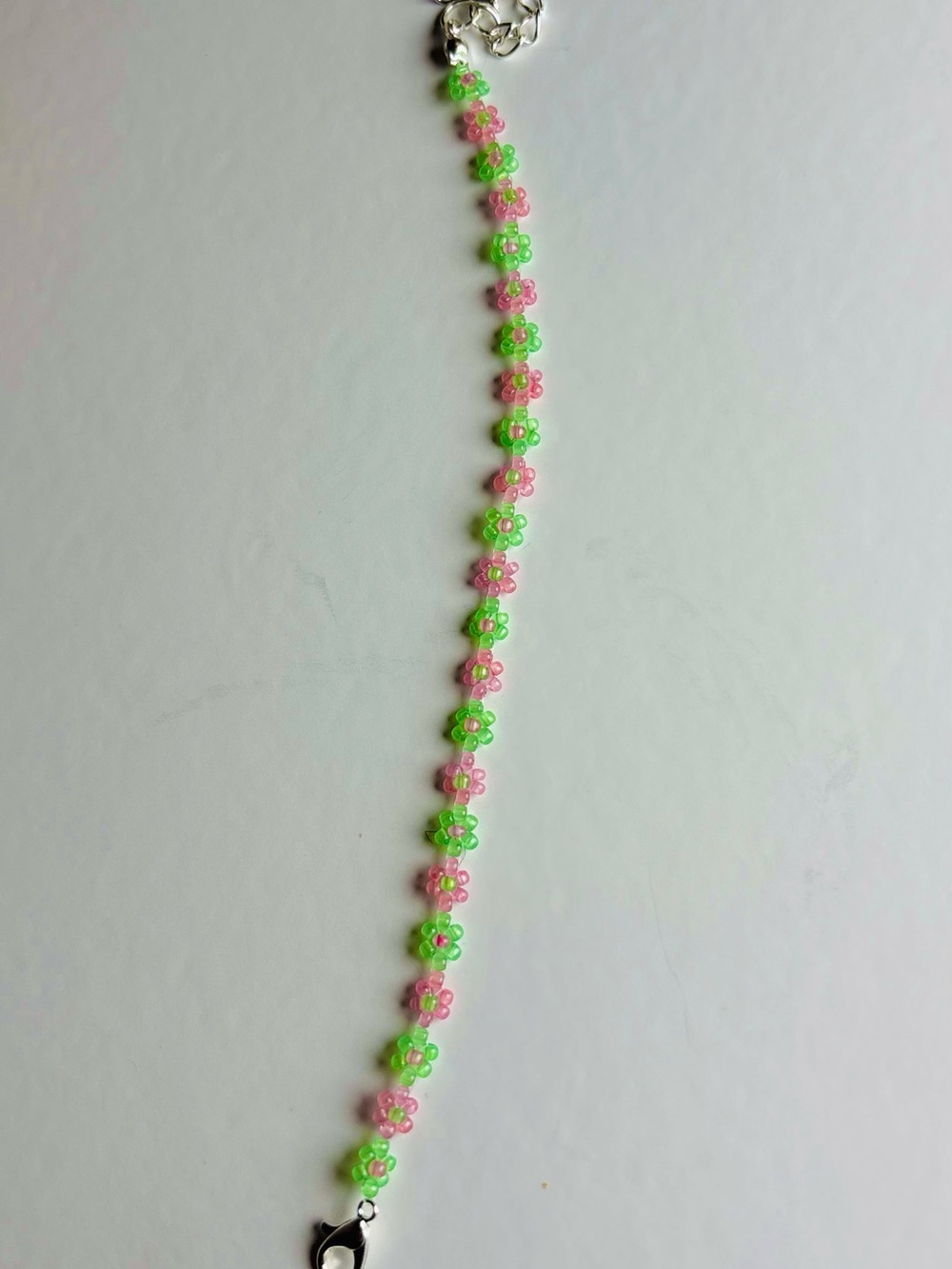 Pink and Green Daisy Beaded Bracelet - Women's Floral Charm Bracelet